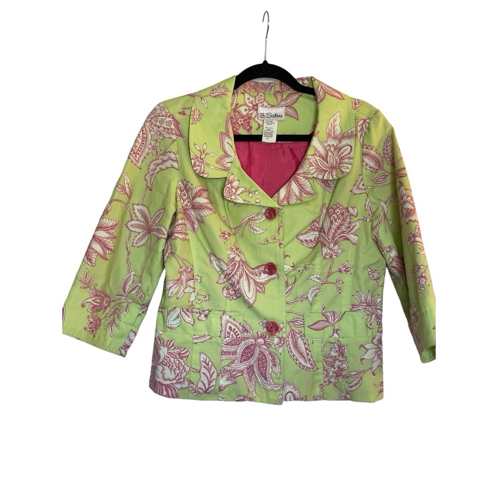 3 Sisters Green Pink Lined Short Blazer Jacket Med Floral Feminine Cottagecore‎